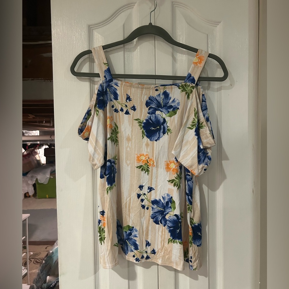 Collection B Cream and Blue Off-Shoulder Tunic
